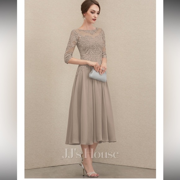 A-line Scoop Illusion Tea-Length Chiffon Lace Mother of the Bride Dress Size 2 - Picture 1 of 14